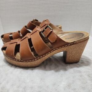 Aetrex Cally Cognac Leather Slip On Fisherman Heels Clog Sandals Sz 9-9.5